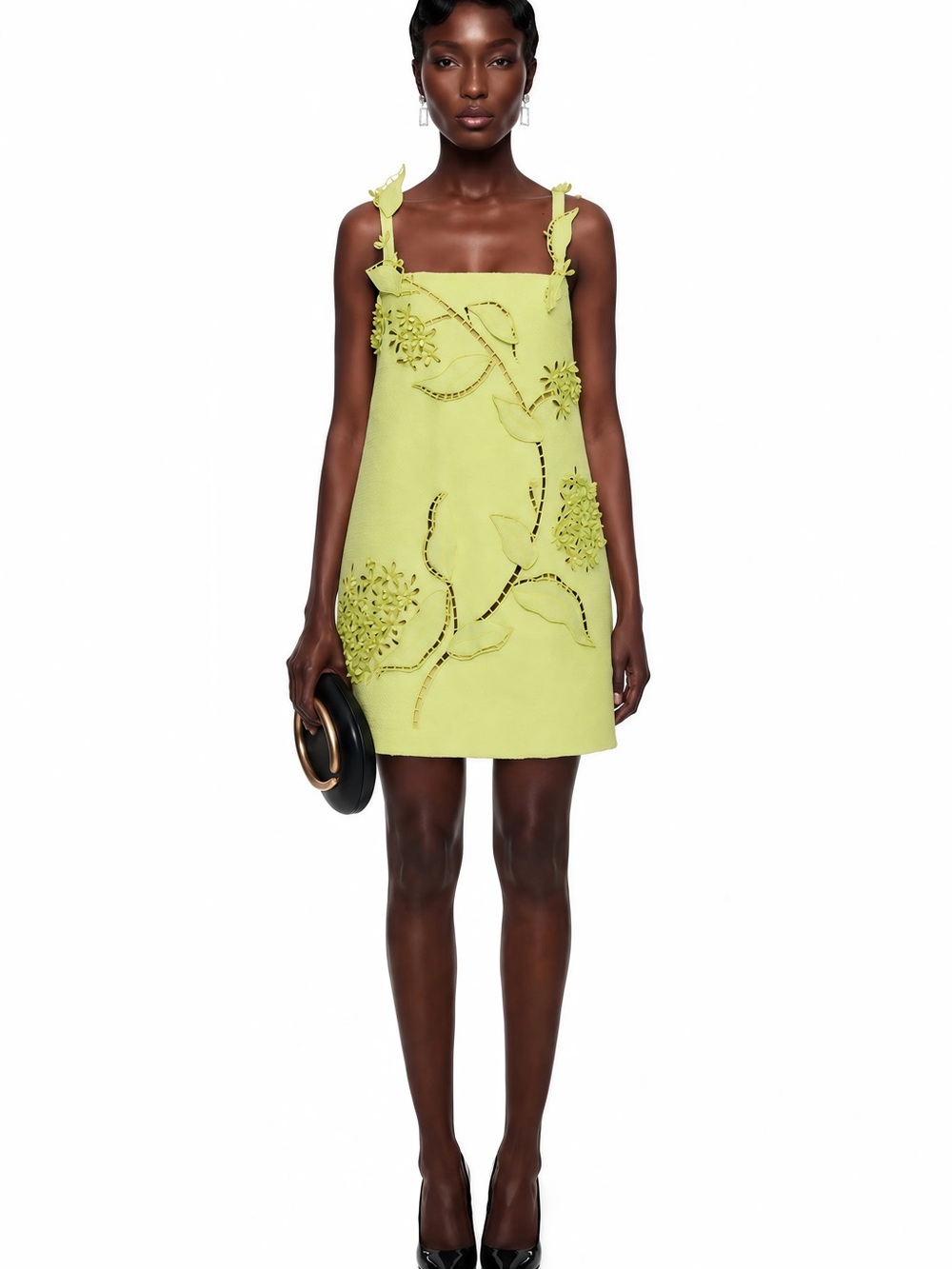Lime Green Floral Appliqué Mini Dress